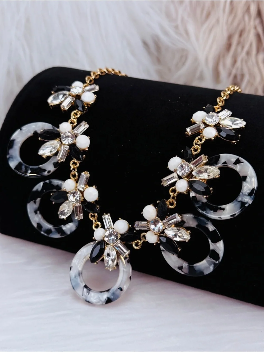 Goldtone, white and black bling statement, necklace
